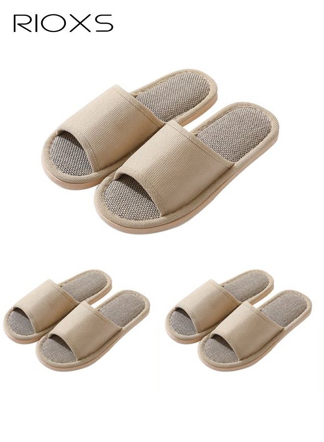 RIOXS 3 Pair Unisex Open Toe Summer House Slippers, Lightweight Breathable Slippers for Men and Women, Comfortable Slip On Slides Sandals, Washable Reusable Silent Slide Slippers for Guests, Non Slip Spa Slipper for Home Bedroom, Hotel, Travel, Beige - Image 1